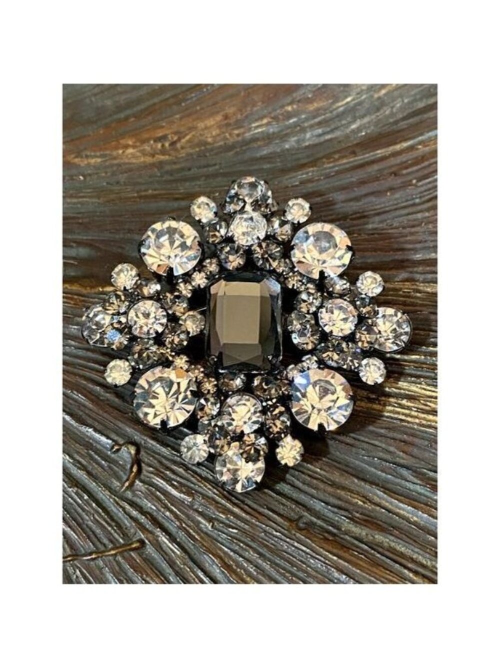 Juliana D&E Delizza Elster Clear & Smoky Rhinestone Brooch Emerald Cut Statement